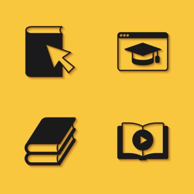 Çevrimiçi kitap, Ses, Kitap ve Eğitim simgesini uzun gölgeli ayarla. Vektör