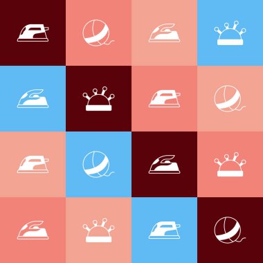 Pop sanatını elektrikli ütü, iplik topu ve iğne ve iğne ikonunu ayarla. Vektör