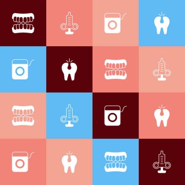 Popüler protez modelini, şırıngayı, diş ipini ve kırık diş ikonunu ayarla. Vektör