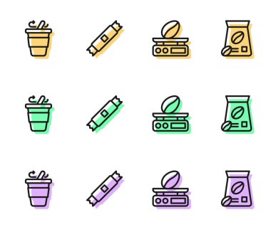 Elektronik kahve tartıları, paket kahve fincanı, şeker çubuğu paketleri ve poşet fasulye ikonu. Vektör