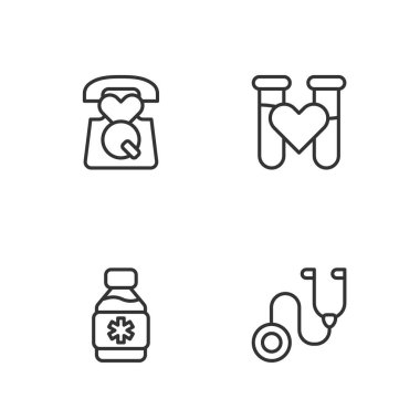 Stetoskop hattı, bir şişe ilaç şurubu, 911 'i arayın ve kan ikonlu test tüpü getirin. Vektör