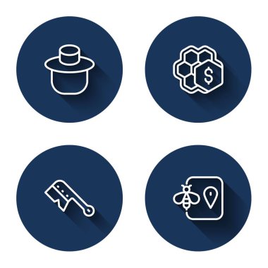 Korumalı şapkalı çizgi arıcısı, bal peteği satışı, arıcılık fırçası ve uzun gölgeli konum. Mavi daire düğmesi. Vektör