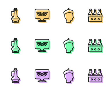 Sabit hat Fransız, bir şişe zeytinyağı, karnaval maskesi ve şişe şarap ikonu. Vektör