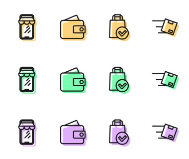 Satır kağıdından alışveriş çantası, online telefon, cüzdan ve karton kutu ikonlu konum. Vektör