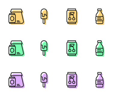 Soda kutusu, yemek siparişi, dondurma ve bir şişe ikon. Vektör