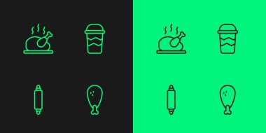 Tavuk budu, oklavalı iğne, kızarmış hindi ya da simge olması için tavuk ve kahve fincanı. Vektör