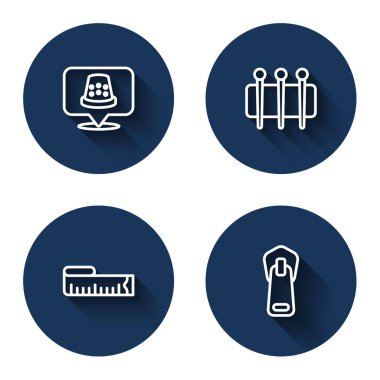 Dikiş için Thimble, iğne, mezura ve uzun gölgeli fermuar ayarlayın. Mavi daire düğmesi. Vektör