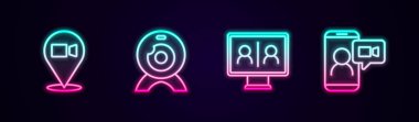 Görüntülü sohbet konferansı, web kamerası ve... Parlayan neon ikonu. Vektör