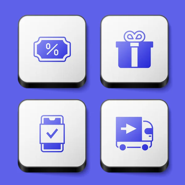 Встановіть Позначку Знижкою Подарункову Коробку Мобільні Покупки Значок Вантажівки Delivery — стоковий вектор