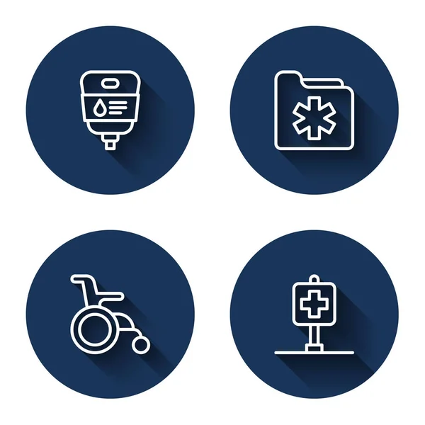 ラインIvバッグ 医療記録フォルダ 障害者のための車椅子 長い影のある場所病院を設定します 青い丸ボタン ベクトル — ストックベクタ