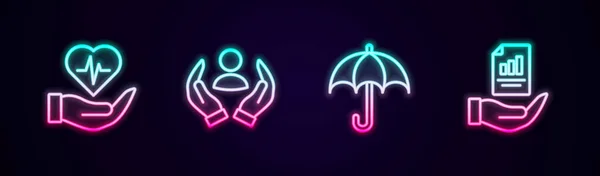 Set Line Levensverzekering Hand Paraplu Contract Een Gloeiend Neon Icoon — Stockvector