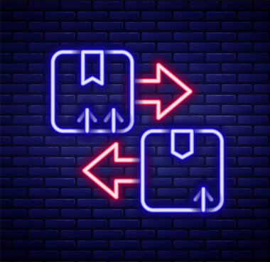 Tuğla duvar arkasında izole edilmiş trafik sembolü simgesi olan parlak neon çizgili karton kutu. Kutu, paket, paket işareti. Teslimat, ulaşım ve nakliye. Renkli taslak konsepti. Vektör