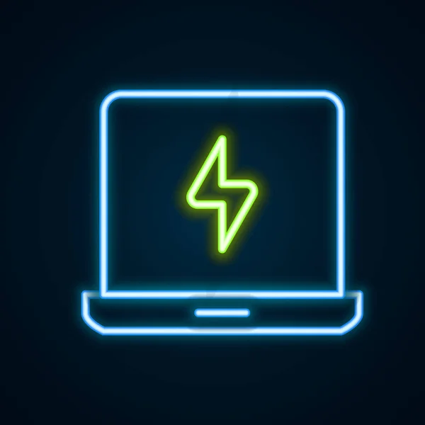 Glödande Neon Linje Laptop Ikon Isolerad Svart Bakgrund Dator Anteckningsbok — Stock vektor