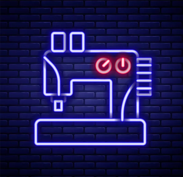 Leuchtende Neon Linie Nähmaschine Symbol Isoliert Auf Ziegelwand Hintergrund Buntes — Stockvektor