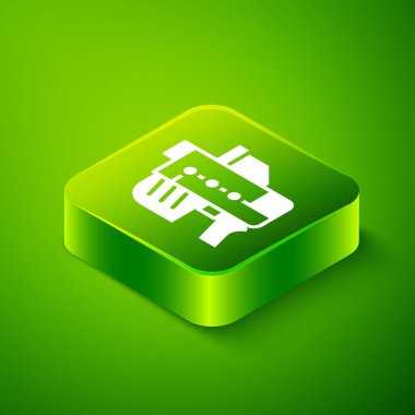 Isome Fütüristik Uzay Silahı İmha Simgesi yeşil arka planda izole edildi. Lazer tabancası. Uzaylı silahı. Yeşil kare düğmesi. Vektör