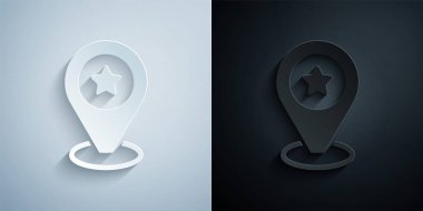 Kağıt kesiği Harita imleci. Gri ve siyah arkaplanda yıldız simgesi var. Yıldız favori iğne haritası simgesi. Harita işaretleyicileri. Kağıt sanatı tarzı. Vektör