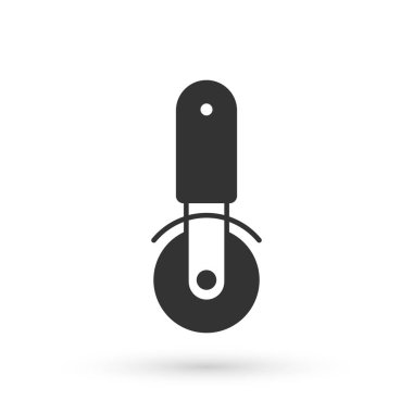 Beyaz arka planda izole edilmiş gri pizza bıçağı ikonu. Pizza kesme tabelası. Çelik mutfak gereçleri. Vektör