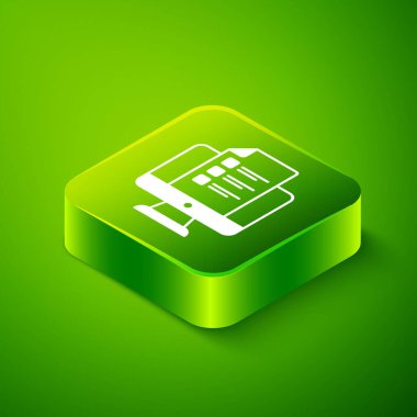 Isometric Çevrimiçi Sınav, Test, İnceleme veya Kontrol Listesi simgesi yeşil arkaplanda izole edildi. Sınav listesi. E-eğitim konsepti. Yeşil kare düğmesi. Vektör
