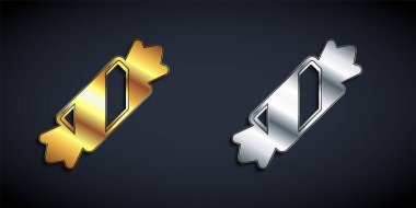 Altın ve gümüş renkli Candy simgesi siyah arkaplanda izole edilmiş. Mutlu Noeller ve mutlu yıllar. Uzun gölge tarzı. Vektör