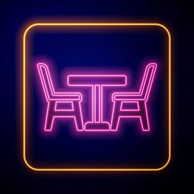 Siyah arka planda izole edilmiş sandalye ikonu ile parlayan neon ahşap masa. Vektör