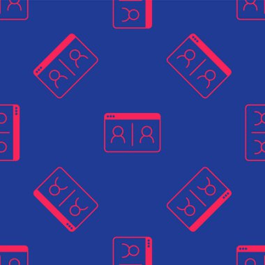 Kırmızı görüntülü sohbet konferansı simgesi mavi arkaplanda izole edilmiş kusursuz desen. Çevrimiçi iş görüşmesi formu. Uzak proje yönetimi. Vektör