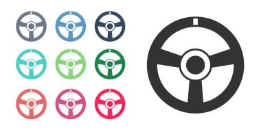 Beyaz arka planda siyah yarış direksiyon ikonu izole edildi. Araba tekeri ikonu. Simgeleri renklendirin. Vektör