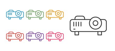 Çizgi Sunumu, Film, Film, Ortam Projektörü simgesi beyaz arkaplanda izole edildi. Simgeleri renklendirin. Vektör