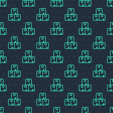 Yeşil çizgi karton kutu simgesi mavi arkaplanda izole edilmiş pürüzsüz desen. Kutu, paket, paket işareti. Teslimat ve ambalaj. Vektör