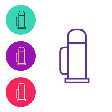 Beyaz arkaplanda izole edilmiş termos konteynır simgesini ayarla. Termo matara ikonu. Kamp ve yürüyüş ekipmanları. Simgeleri renklendirin. Vektör