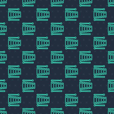 Yeşil hat ksilofon - 13 tahta çubuklu müzik aleti ve iki perküsyon tokmağı ikonu mavi arkaplanda izole edilmiş dikişsiz desen. Vektör