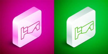 Pembe ve yeşil arka planda Isometric çizgi yatak simgesi izole. Gümüş kare düğme. Vektör