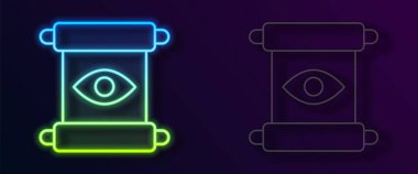 Parlayan neon çizgisi Sihirli parşömen simgesi siyah arkaplanda izole edildi. Karar, kağıt, parşömen, parşömen ikonu. Vektör