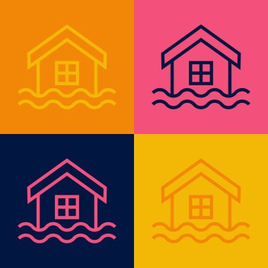 Pop Art Line House sel ikonu renk arkaplanında izole edildi. Suyun altındaki evi sel basıyor. Sigorta konsepti. Güvenlik, güvenlik, koruma, konsept koruma. Vektör