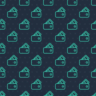 Para ikonlu yeşil çizgili cüzdan mavi arka planda izole edilmiş kusursuz desen. Çanta ikonu. Nakit tasarruf sembolü. Vektör