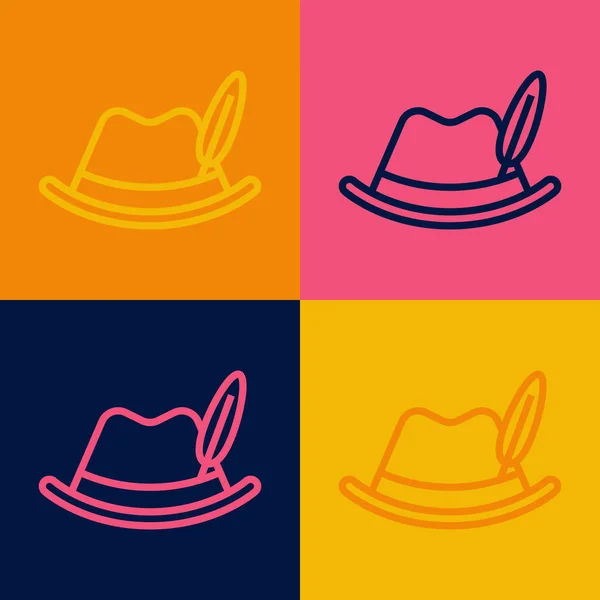 ポップアートライン色の背景に隔離されたオクトーバーフェストの帽子のアイコン 羽のついたハンター帽子 ドイツの帽子 ベクトル — ストックベクタ