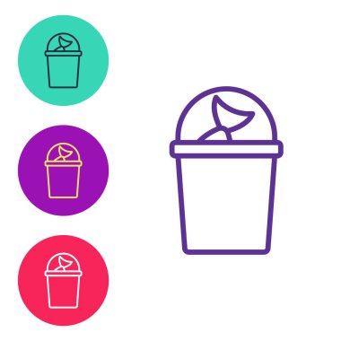 Beyaz arka planda balık ikonu olan olta kovası ayarla. Kovadaki balık. Simgeleri renklendirin. Vektör