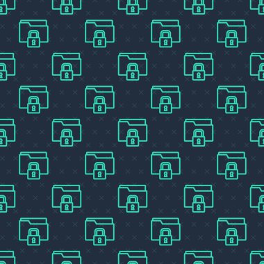 Yeşil çizgi dizini ve kilit simgesi mavi arkaplanda izole edilmiş kusursuz desen. Kapalı dosya ve asma kilit. Güvenlik, güvenlik, koruma kavramı. Vektör