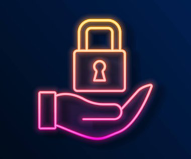 Parlayan neon çizgi simgesi siyah arkaplanda izole edildi. Asma kilit işareti. Güvenlik, güvenlik, koruma, gizlilik kavramı. Vektör