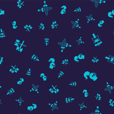 Orta Çağ baltalarını, ortaçağ bayrağını, kılıç ve miğferi kusursuz bir şekilde ayarlayın. Vektör