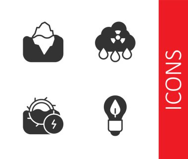 Ampulü yapraklı, buzdağlı, su değirmenli ve asit yağmurlu radyoaktif bulut ikonlu ayarla. Vektör