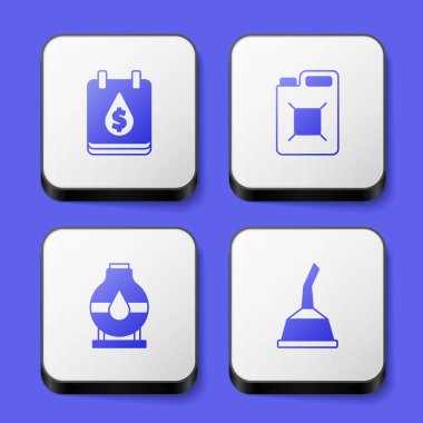 Petrol damlasını dolar sembolüyle benzin, depolama tüpü ve motor yağı ikonu olarak ayarla. Beyaz kare düğme. Vektör