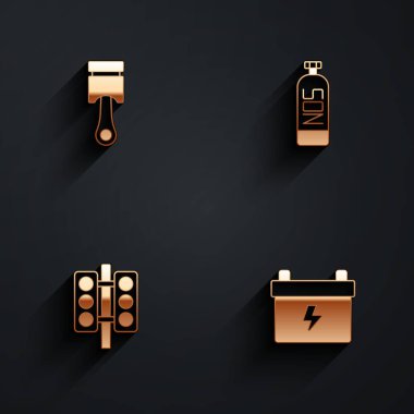 Motor pistonu, azot oksit, yarış trafik ışığı ve uzun gölgeli araba aküsü ikonu. Vektör