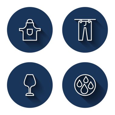 Mutfak önlüğü, kurutucu giysiler, şarap bardağı ve uzun gölgeli su damlası. Mavi daire düğmesi. Vektör