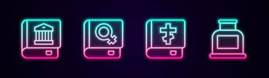 Sabit bir kanun kitabı, kadınlar hakkında bir kitap, kutsal İncil ve mürekkep hokkası. Parlayan neon ikonu. Vektör