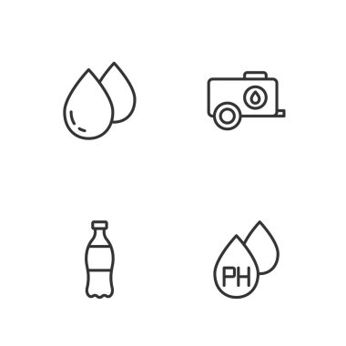 Su damlası, bir şişe su ve mobil tank ikonu ayarlayın. Vektör