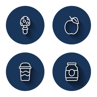 Sinek mantarı, erik meyvesi, kahve fincanı ve uzun gölgeli reçel kavanozu hazırla. Mavi daire düğmesi. Vektör