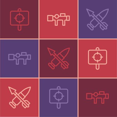 Atış sahası sporu, okla çapraz mermi ve keskin nişancı optik görüş ikonu. Vektör