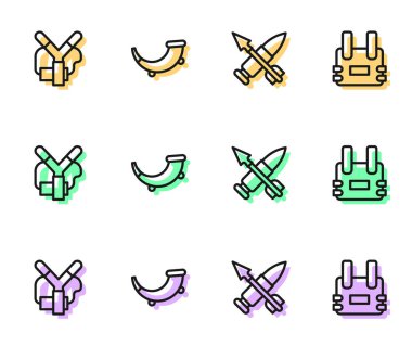 Hattı okla, sapanla, boynuzla ve kurşun geçirmez yelek ikonuyla aşın. Vektör