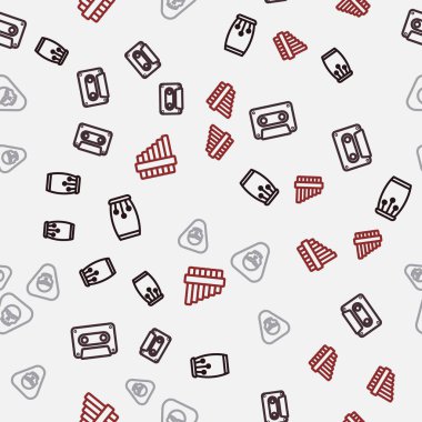 Conga davulları, Retro ses kaseti, Gitar penası ve Pan flütünü pürüzsüz desen üzerine ayarla. Vektör