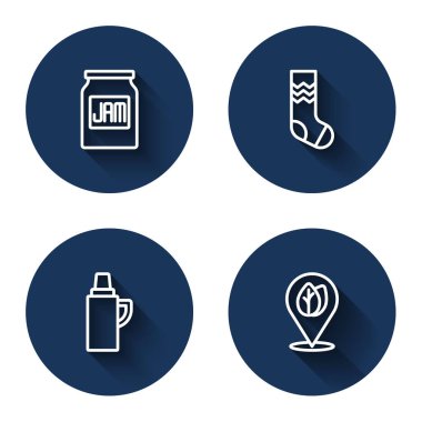 Hat reçel kavanozu, çorap, termos kabı ve uzun gölgeli yaprak konumu ayarlayın. Mavi daire düğmesi. Vektör